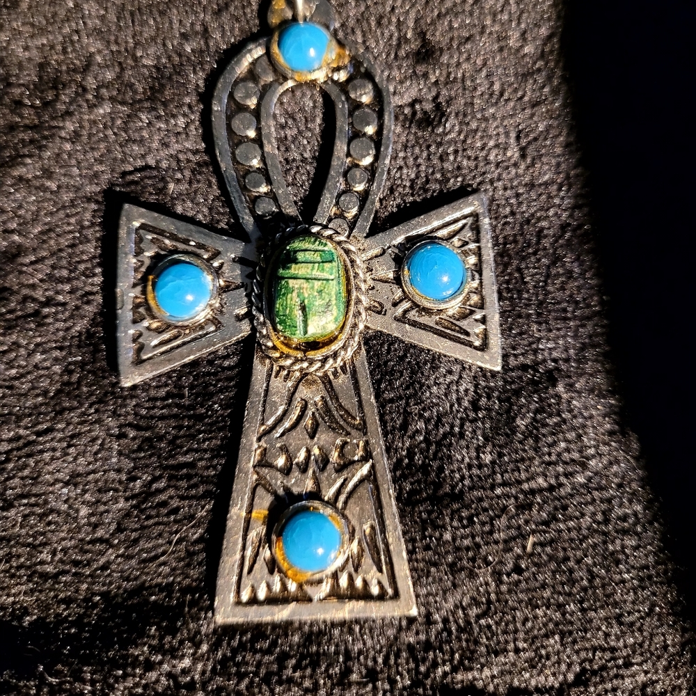 Vintage Silvertone Ankh pendant with Scarab & turquoise accents